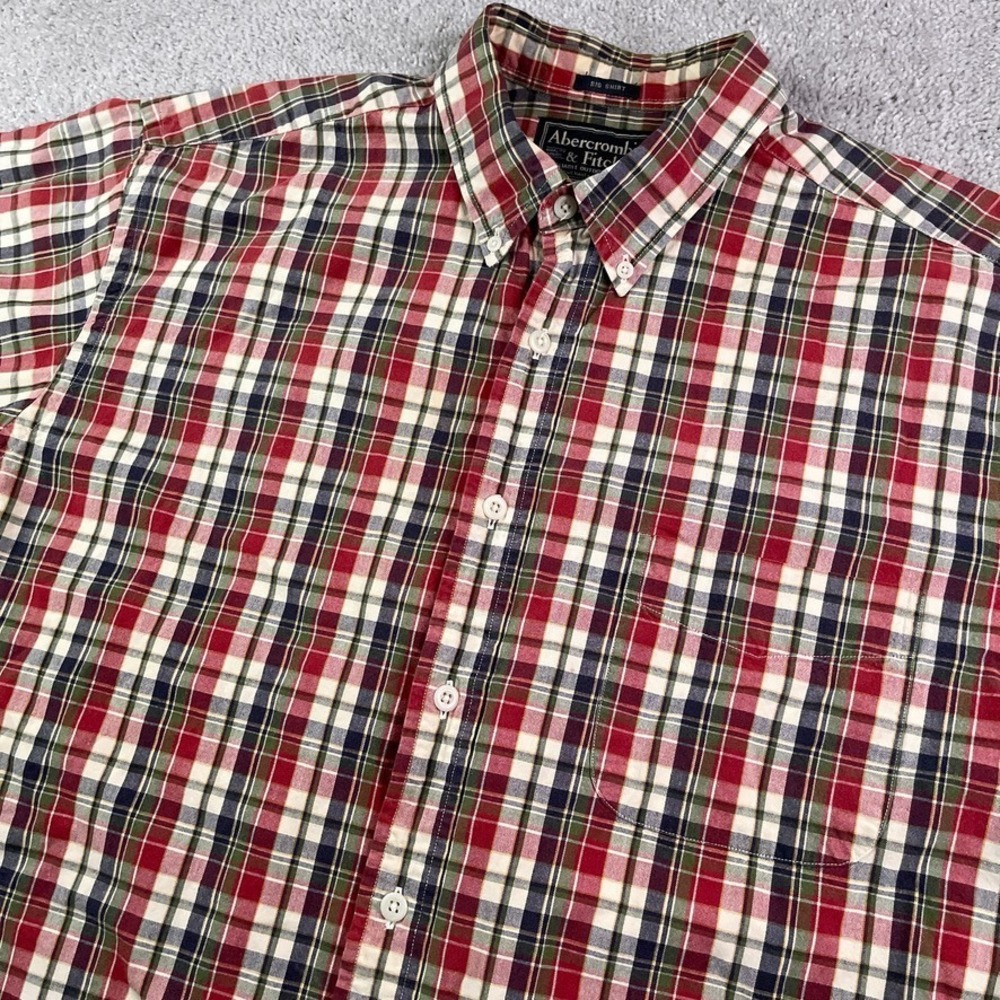 Abercrombie Fitch Shirt‎ Mens Large Tan Red Plaid Short Sleeve Big Shirt